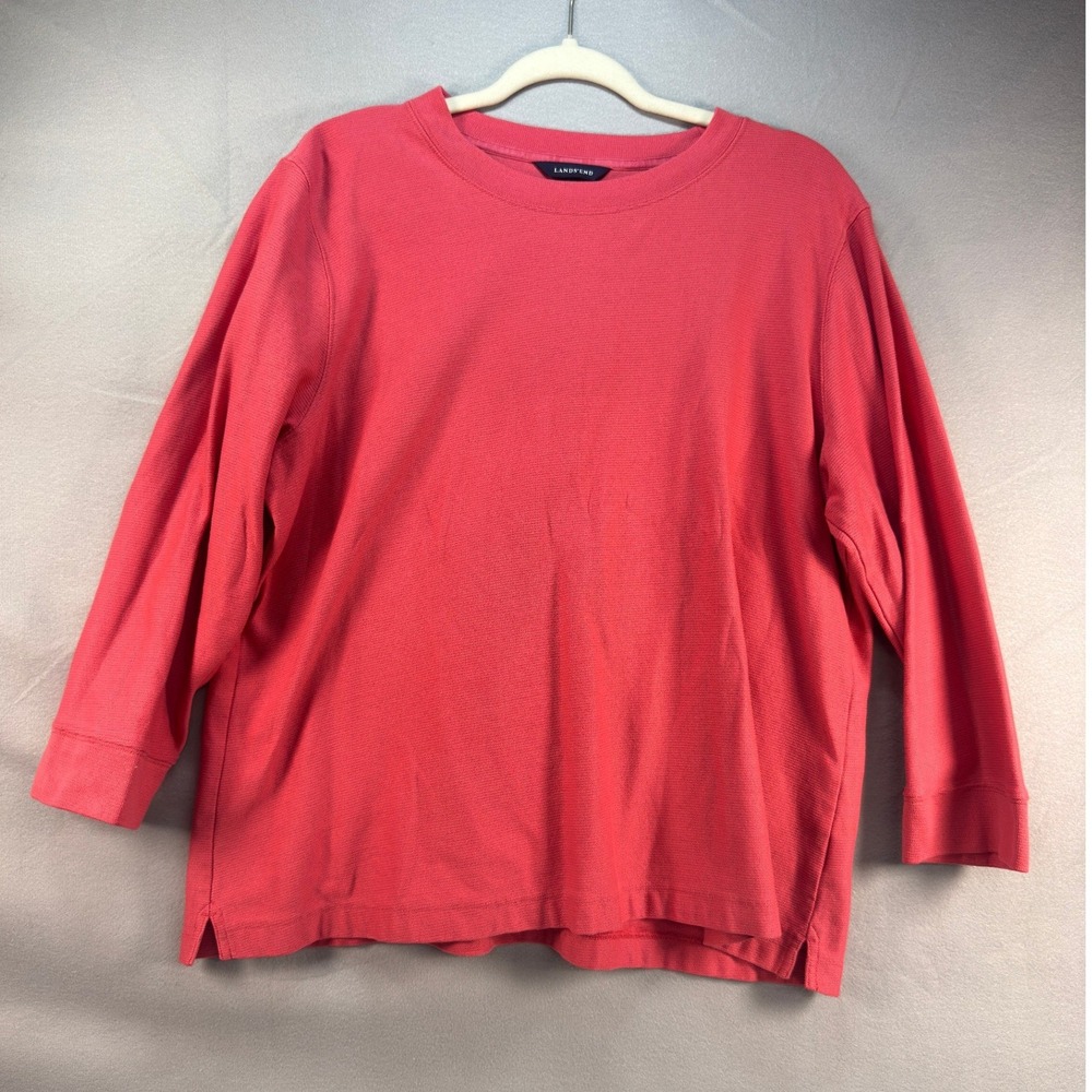 Lands End Knit Top Women XL Coral Red Cotton 3/4 Sleeve Preppy Coastal Casual